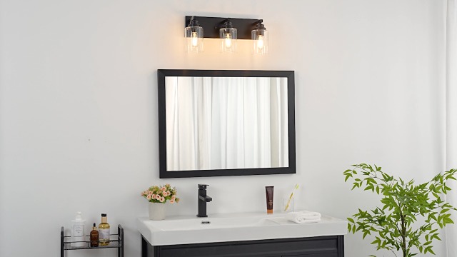 Image of Black Bathroom Light Fixture, 4 Light Matte Black Vanity Light, 27.5 inch Modern Bathroom Lighting Fixtures Over Mirror, with Clear Glass Shade, Vanity Lights for Bathroom Bedroom Hallway