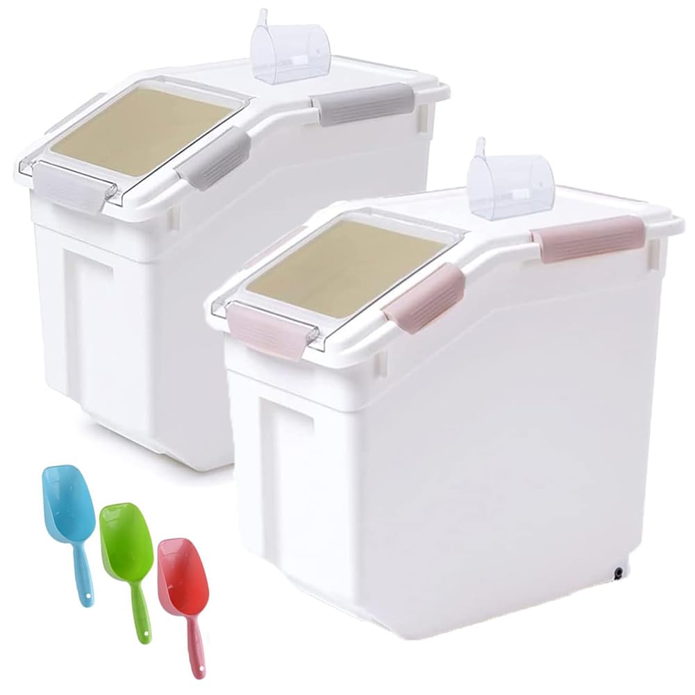 RUIAN Dog Food Storage Container with Scoop,Rice Flour Container on Wheels,Airtight Cat Birds Food Bin Grey & Pink
