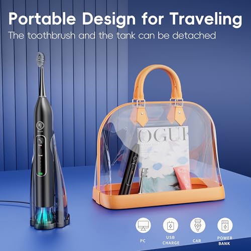 OILSAO Electric Toothbrush with Water Flosser 3 in 1, Sonic Flossing Toothbrush with 3 Modes & 5 Speeds, 4 Brush Heads, Portable for Travel, for Adults Teeth Cleaning and Plaque Removal,Black — view 4