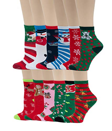 Different Touch 12 Pairs Pack Kids Girls Colorful Creative Fun Novelty Design Crew Socks (6-8 Christmas)