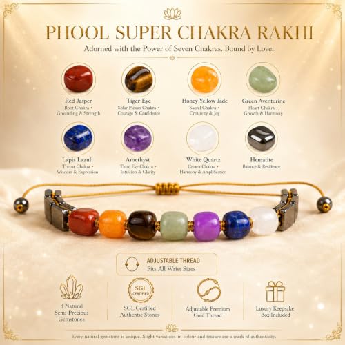 Image of Phool Super Chakra Rakhi for Brother with Pyrite Stone | 7 Chakra Healing Crystal rakhi Bracelet | Lab Certified | Sacred Gemstone Beads with Roli Chawal | Adjustable Raksha Bandhan Rakhi Gift for Bhai