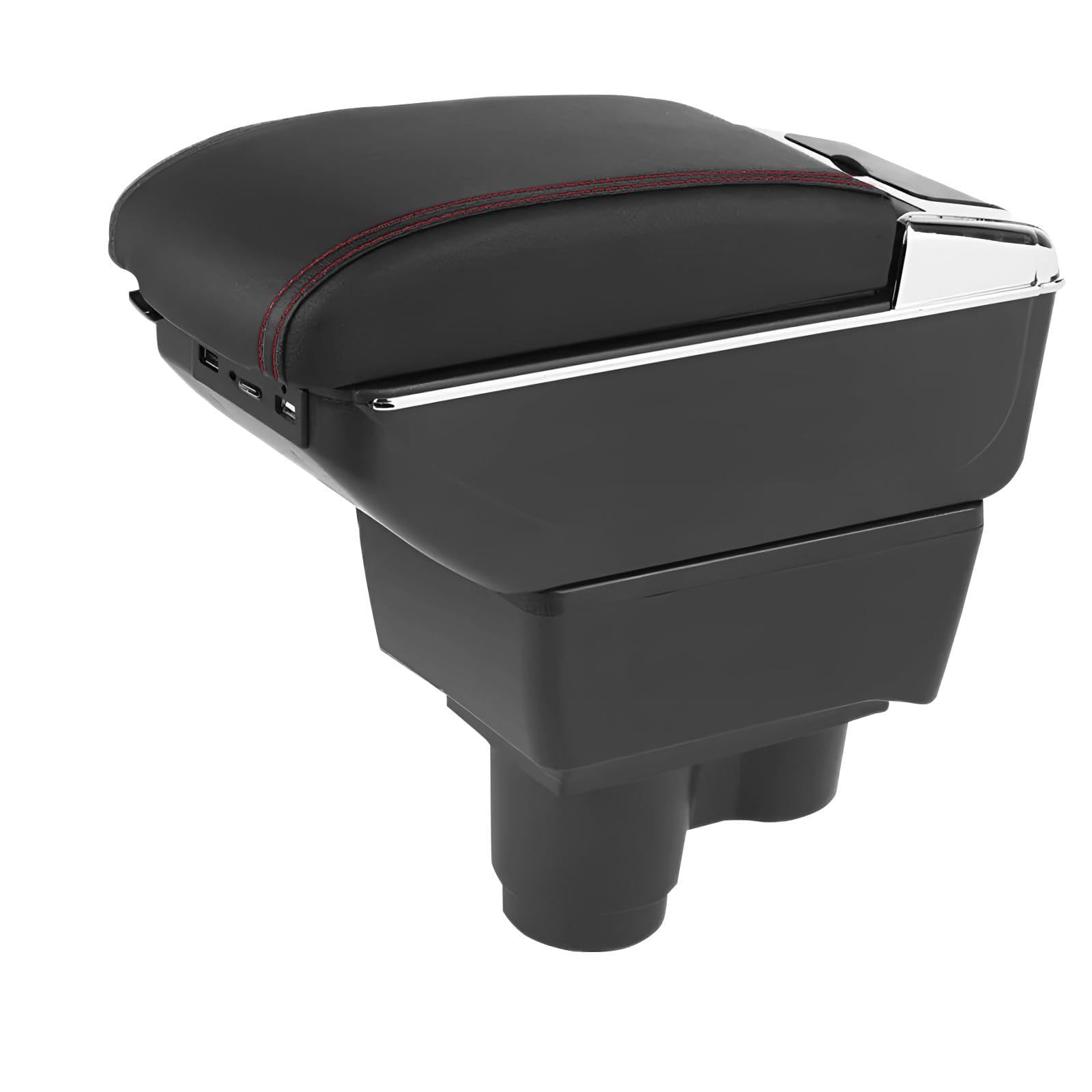 Bracciolo compatibile con Dacia Duster II 2019-2023, bracciolo centrale con 7 USB a doppio strato, scatola portaoggetti in pelle nera, linea rossa
