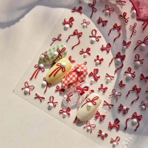 Image of Bow Nail Art Stickers 5D Embossed Nail Decals Self Adhesive Red Nail Sticker for Nail Art Pearl Design for Women Girls Supplies Nail Art Decorations Accessories