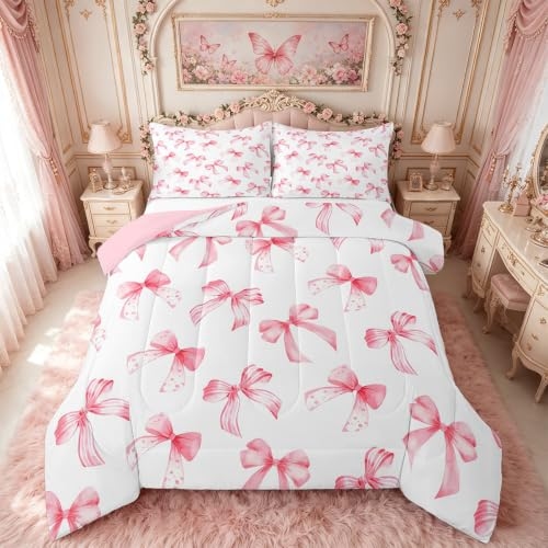 Feelyou Kawaii Pink Bow Bedding Set for Kids Boys Girls Twin Size Cute Dreamy Princess Style Comforter Set Ultra Soft Bow Pattern Comforter Cute Coquette Bow Knot Duvet Quilt Bedroom Decor Quilt