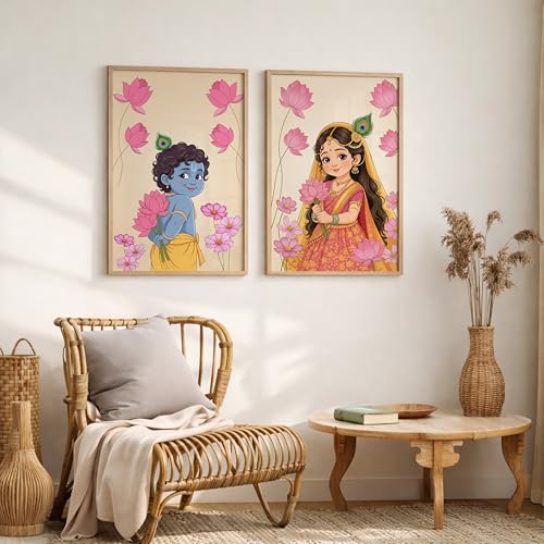 Image of Suneree Baby Krishna Radha Wall Art Painting | Set of 2 Framed Paintings | Radha Krishna Decor for Living Room Bedroom Pooja Room | (ART 11, 10x13 INCHES)