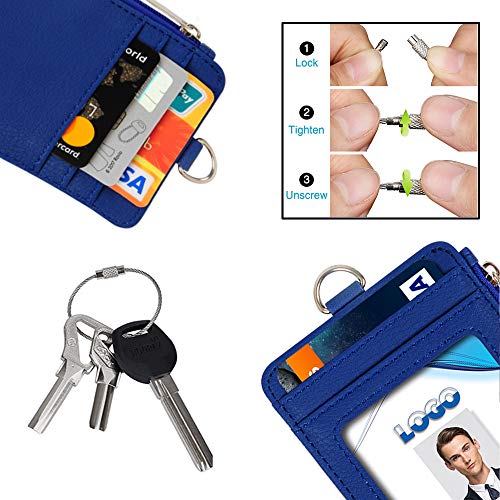 Badge Holder With Zipper, Life-Mate Pu Leather Id Badge Card Holder Wallet Case With 5 Card Slots, 1 Side Zipper Pocket & 19" Polyester Neck Lanyard And Heavy Duty Metal Retractable Badge Reel (Blue) #TOP3