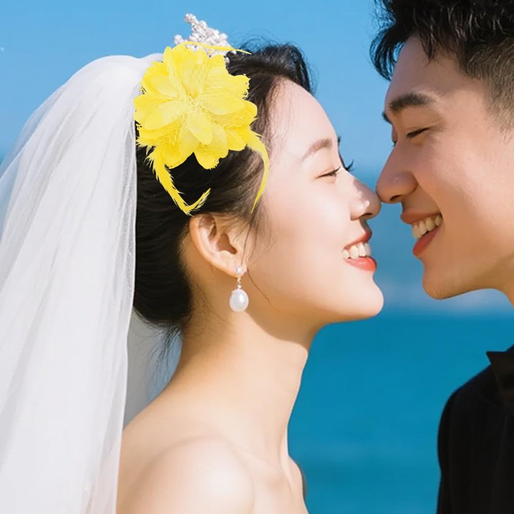 Womens Fascinator Flower Fascinators Hairpin for Lady Holiday Church Wedding Party Floral Corsage Hair Barrettes for Bride Cocktail Royal 3.94Inch Yellow Headpiece Hair Accessory