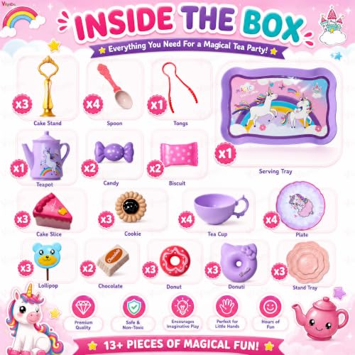 Image of Vikrida 48Pcs Tea Set, Kids Pretend Toy Tea Set and Carrying Case,Rainbow Magic Unicorn Design for Girls Princess Boys 3-6