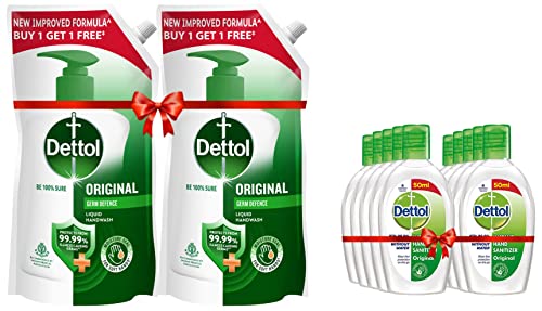 Image of Dettol Original Germ Protection Alcohol Based Hand Sanitizer, 50Ml, Pack Of 10 & Liquid Handwash Refill - Original Germ Protection Hand Wash