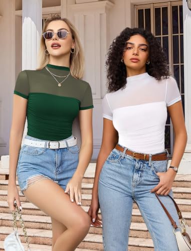 Image of Avidlove Women's Short Sleeve Bodysuit Turtle Neck Body Suits Mesh One Piece Leotard Going Out Tops Date Outfits