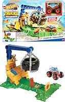 Hot Wheels Monster Trucks Toy Truck & Playset, Rhinomite Chargin’ Challenge Playset with a 1:64 Scale Vehicle & 2 Crushed Cars [Warehouse]