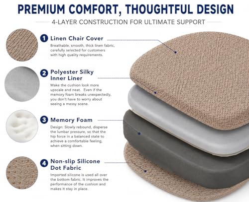 Premium Memory Foam Chair Cushions Set of 4 for Dining Chairs, Ergonomic Seat Cushions with 3D Jacquard Washable Cover, Non-Slip D-Shaped Kitchen Chair Pads with Ties, 16"×16"×1.8" (4, Light Coffee) - image 5
