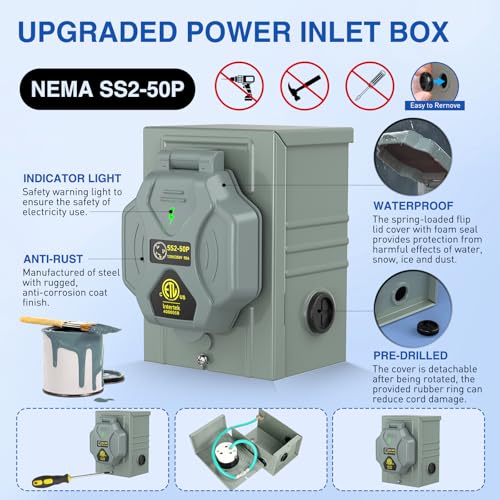 Image of Nilight 50A 50FT Generator Extension Cord and Power Inlet Box 125 /250V Heavy Duty 6 /3+8 /1 Gauge STW ETL Listed NEMA 14-50P /SS2-50R Twist Lock Connector for RV Outdoor Use