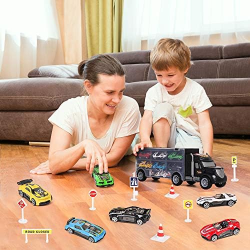 m zimoon Car Transporter Truck Toy, Transport Car Carrier Truck Toy Set with 8pcs Accessories and 6pcs Mini Metal Cars Gift for 3-12 Years Old Boys Girls Children