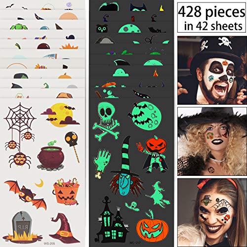 428 Pieces Halloween Stickers Halloween Luminous Stickers Halloween Temporary Gift Trick or Treat Goody Bag Temporary for Halloween Party Costume, 42 Sheets