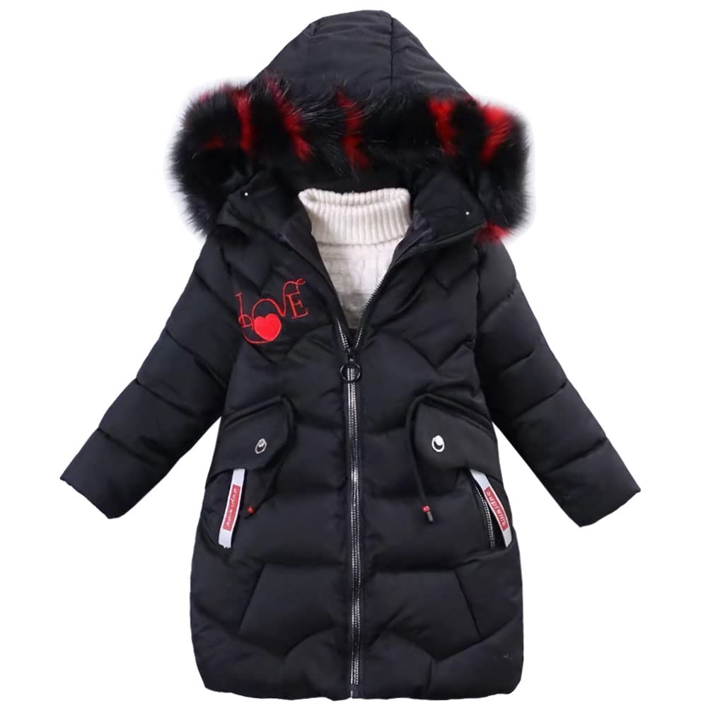 Amur Leopard Donsjas voor kinderen, meisjes, geborduurd, gewatteerd, met capuchon, afneembaar, bontkraag, jas voor meisjes, winter, warm, Rode watermeloen, 3-4 Jaren