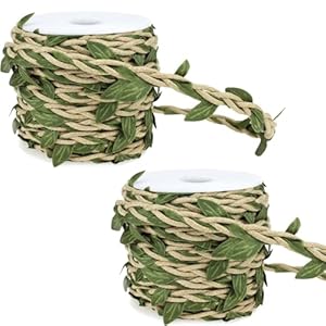 Eco-Friendly Wax Cord & Fabric Green Leaf Design Twine – 66ft Length for DIY Crafts, Gardening Decor, Artistic Projects, Home, Wedding & Party Decorate (Light Brown)