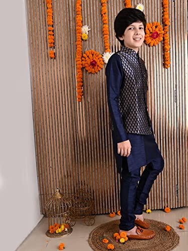 Image of LILPICKS Boys Solid Kurta Pyjama Set with Printed Nehru Jacket (Blue Golden)