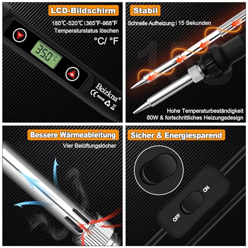 Lötkolben Set 80W LCD Einstellbar Temperatur 180-520°C Lötkolben mit Ein/Aus Schalter, 50g Lötdraht, 5 Lötspitzen, Entlötpumpe, Lötkolbenständer, Pinzette, Lötset für Elektrische Arbeiten