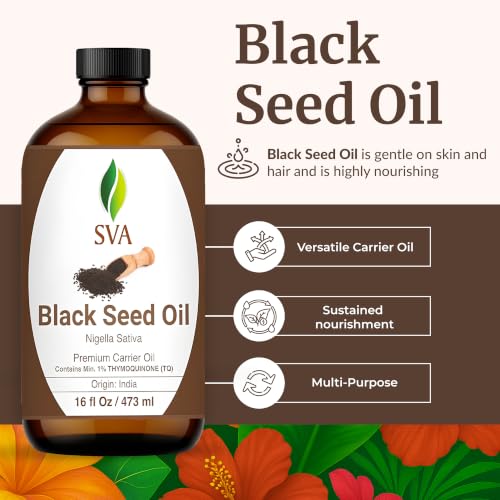 Image of SVA Black Seed Carrier Oil, Glass Bottle, Large Size, 16 Fl Oz (473 ml) | Black Seed Oil for Hair Care, Scalp Massage, Hair Oiling, Face Care, Skin Care, Body Massage, DIY Blending & Custom Oil Blend