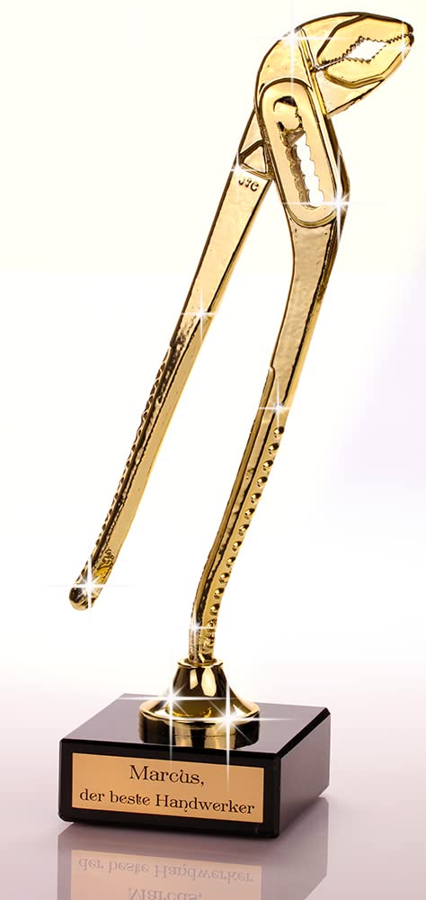 Goldene Rohrzange Trophäe auf Marmorsockel, Handwerker-Ehrenpreis mit Gravurschild, 30 cm