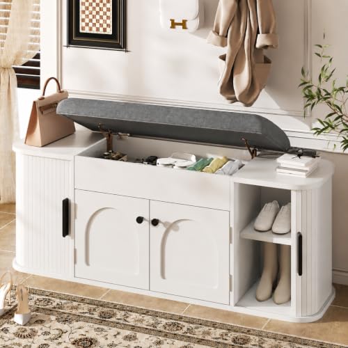Image of Einhomn 47.2 inch Shoe Storage Bench with Cushion, Sliding Door Entryway Bench with Lift-Top Hidden Storage and Adjustable Shelf, Wooden Shoe Cabinet for Hallway, Bench for Bedroom End of Bed, White