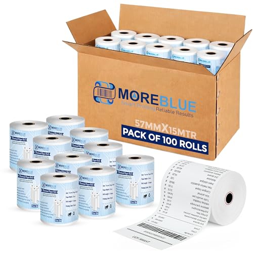 Image of MOREBLUE Credit Card, Food Bills Direct Thermal Receipt Paper Roll, Pack of 100 57mm(2 inch) x 15 Meter, Ink Free Print for POS, Credit Card Machines, & Petrol Pumps