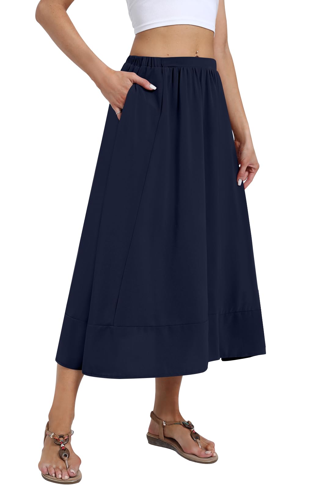 DB MOON Womens Midi Length Skirt 2025 Business Casual Flowy A Line Skirts with Pockets Teacher Outfits