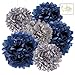Andaz Press Hanging Tissue Paper Pom Poms Party Decor Trio Kit with Free Party Sign, Navy Blue, Royal Blue, Gray, 6-Pack, For Baby Bridal Shower Decorations