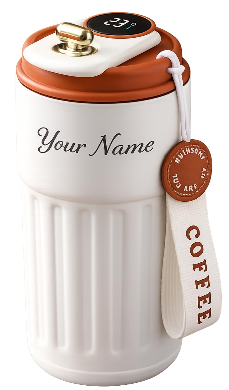 UNIXO Customized Name Coffee Mug with Temperature Display Lid | Personalized Insulated Travel Mug with Strap | Leakproof Thermal Cup for Office & Gifting (White)-image-30
