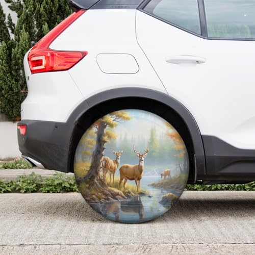 Image of Spare Tire Cover Mountain Deer Wheel Covers Protectors Waterproof Dust-Proof Universal Fit Trailer, RV, SUV and Many Vehicle 17 Inch