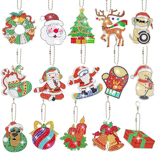 MorLuks 15 Piezas Diamond Painting Llaveros Navidad, 5D Pintura Diamante Niños, Colgante de Pintura de Diamantes de Navidad, Manualidades Adornos para Mochilas Árbol de Navidad