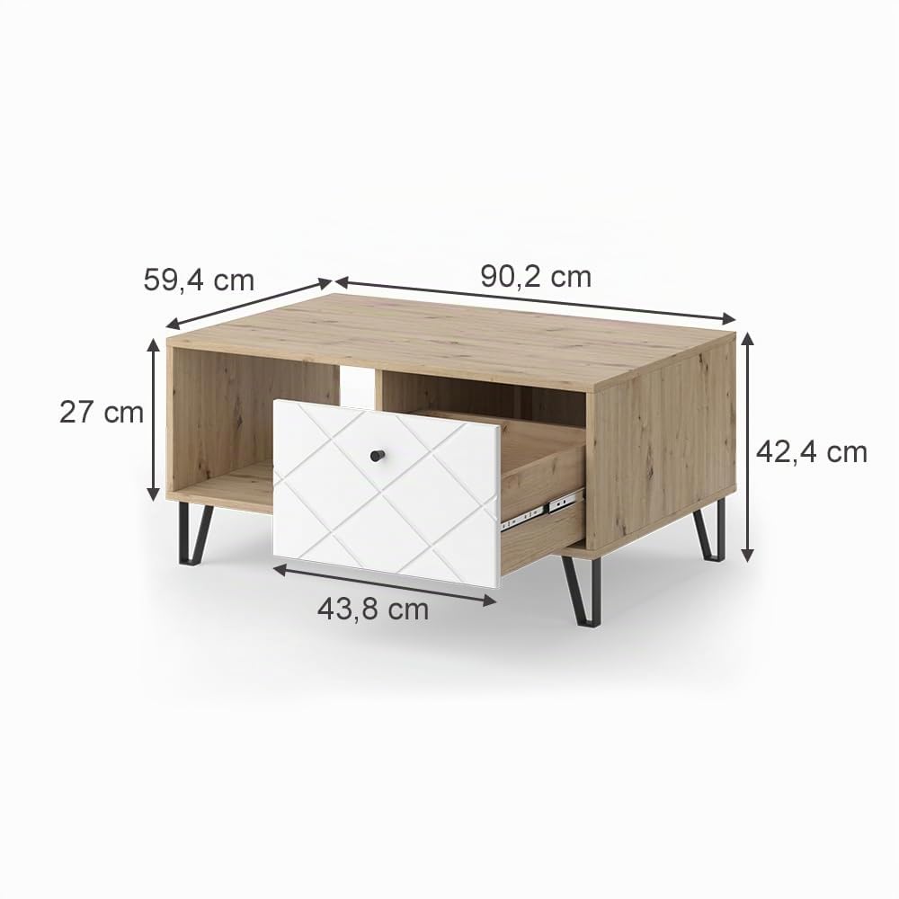 Vicco Mesa de Centro Nizza, Roble Artesanal, 90.2 x 59.4 cm | con compartimento abierto y cajón, para usar como superficie de apoyo junto a la cama