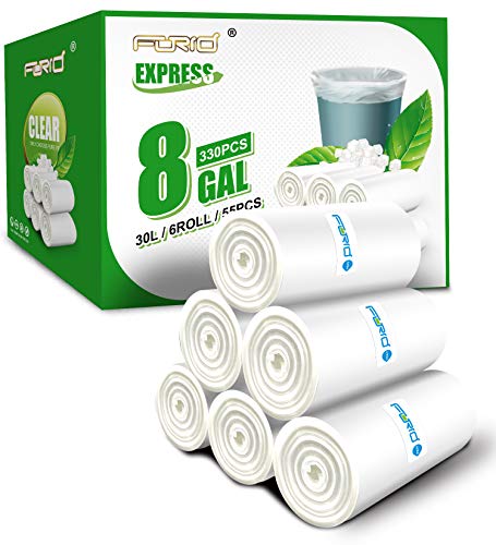 FORID Medium Clear Trash Bags - 8 Gallon Garbage Bags 330 Count Unscented Strong Plastic Trash Bin Liners for Kitchen Home Bedroom Office Bathroom Wastebasket Cans 6 Roll 30 Liters