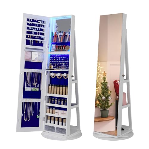HNEBC LED Light Jewelry Organizer Mirror 360° Rotating, Jewelry Armoire with Door Mirror, Full Length Mirror Jewelry Cabinet, Mirror with Jewelry Storage, Large Jewelry Boxes & Organizers（B_