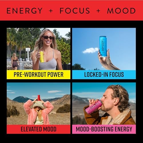Image of Odyssey Functional Energy Drink Variety Pack, 222mg Green Tea Caffeine, Clean Energy & Focus, Low Calorie, No Added Sugar, No Crash, Lion's Mane & Cordyceps, 12 Pack 12 Fl Oz