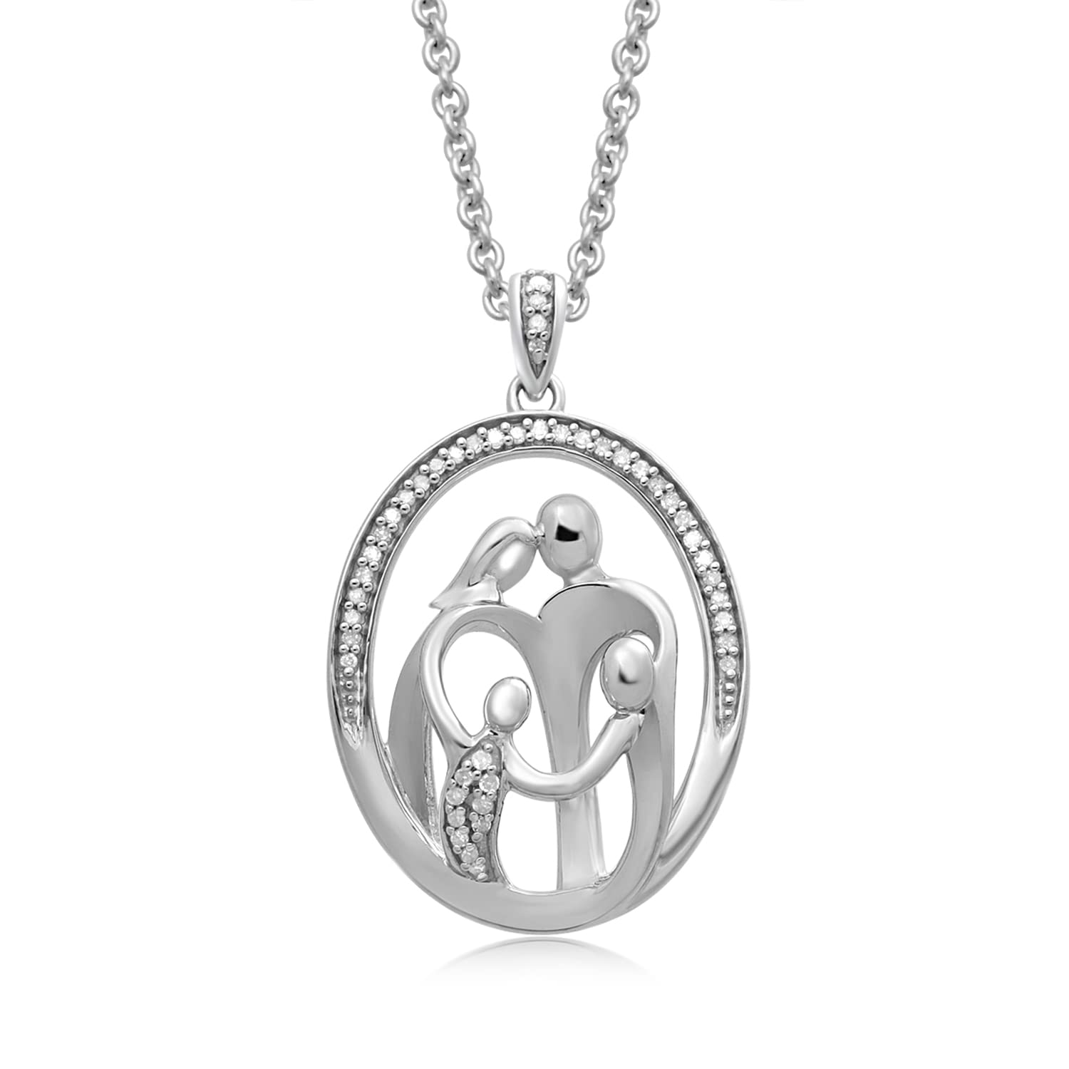 Parent and Child Family Necklace Pendant with Natural White Round Diamonds 1/10 Cttw in Sterling Silver or Rose or Yellow Gold Over Silver 18" Cable Chain