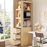 BENMWS Libreria stretta con 3 scomparti aperti e 3 cassetti, regolabile su entrambi i lati, protezione anti-ribaltamento, 60 x 40 x 200 cm, mobile da bagno, rovere