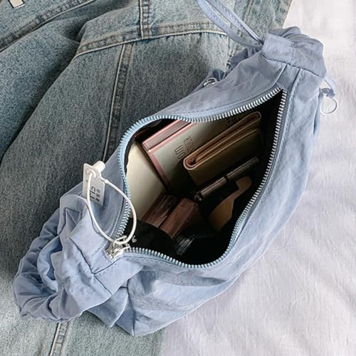 Women Tote Bags Casual Solid Crossbody Armpit Bag Nylon Shoulder Handbag Pleated Drawstrings Crossbody Purse3