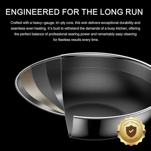 13" Hybrid Nonstick Stainless Steel Wok with Glass Lid, Laser-Textured Wok Pan, PFOA-Free Woks & Stir-Fry Pans, Oven & Dishwasher safe, Induction Ready, Compatible for Gas Electric Glass Cooktops - Thumbnail 3