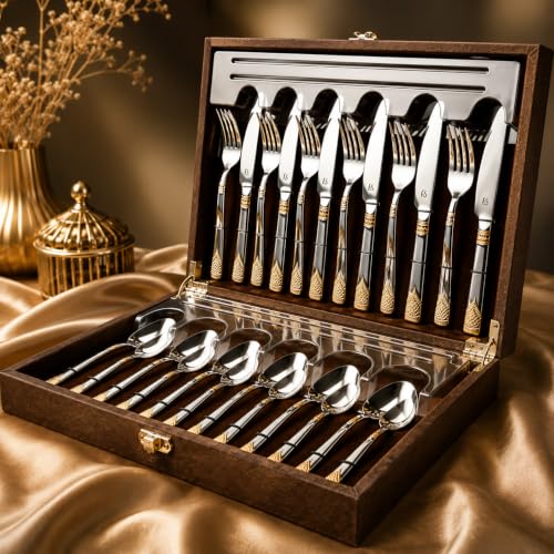Image of FnS 24 Pieces Stainless Steel Cutlery Set with Leatherette Box | 6 Pieces Each Dinner Spoons, Dinner Forks, Tea Spoons & Dinner Knives | Flatware Set for Home, Kitchen, Dining & Gifting (August)