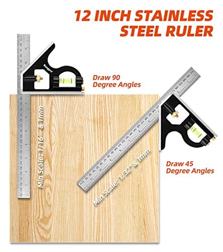 RONGPRO Rafter and Combination Square Tool Set - 7 Inch Triangle Carpenter Square, Die-Cast Aluminum Alloy and 12 Inch Zinc-Alloy Combo Ruler - Layout Tool - Image 4