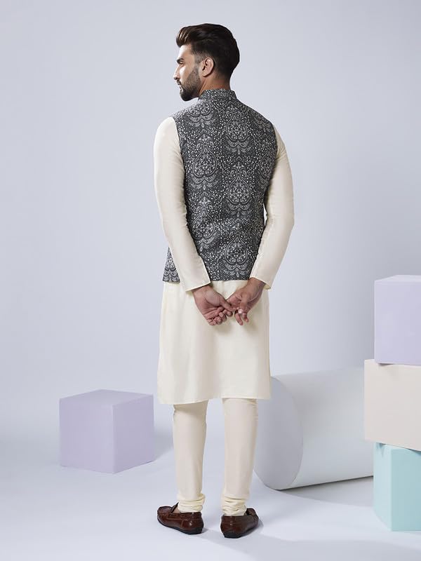 Image of KISAH Men Printed Kurta Jacket Set, Full Sleaves, Knee Length, Straight, Regular Fit, Mandarin Collar Ethnic Wear