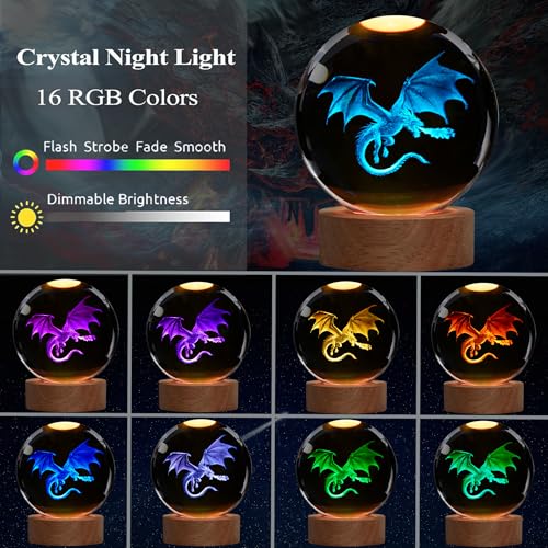 Image of Dragon Night Light, 3.15 Inch (80mm) K9 Crystal 3D Lamp with Remote 16 Color for Birthday Xmas Cool Figurines Dragon Gifts for Room Decor Boys Girls