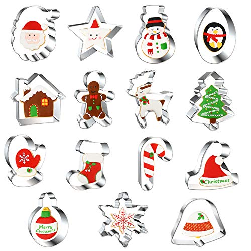 Christmas Cookie Cutters Set, Large Stainless Steel 15 Pcs, Stocking, Gingerbread Man, Christma Tree, Snowman and More, Mousse Cake Fruit