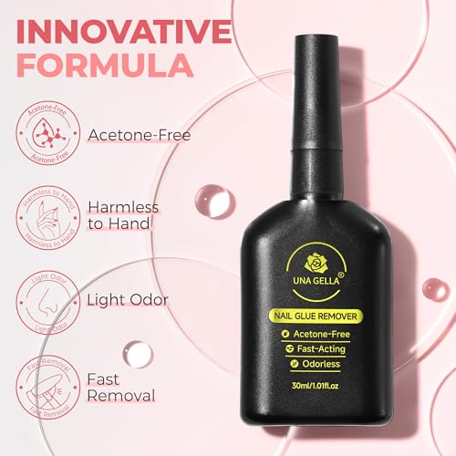 Image of UNA GELLA Press On Nail Glue Remover Built-in-crowbar 30ML Acetone-Free Gentle Soak Off Gel Nail Glue Polish Remover for Nail Tip Adhesive Glue Easily Home DIY Not for U /V Nail Polish