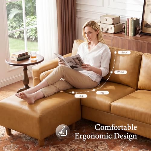 Image of Vesgantti 100 inch Faux Leather Sofa with Movable Ottoman, L Shaped Wide Seating PU Leather Couch with Side Pocket, Comfy Mid Century Modern Modular Sectional Sofa for Living Room, Apartment, Cognac Tan