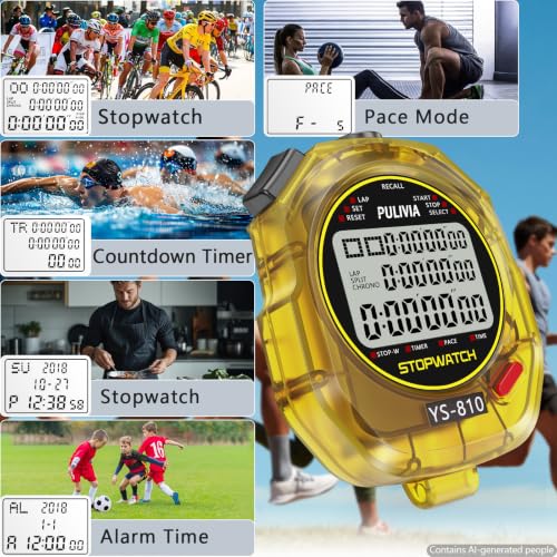 Image of Stopwatch Timer 10 Splits /Laps Digital Stop Watch for Sports, Countdown Alarm Clock Date Memory Recall Large Display, Stopwatch for Coaches PE-Teacher Referee (Yellow, 10 Splits /laps)