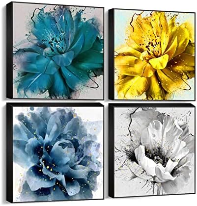 花 アートパネル 4枚セット 飾り絵 水彩花 ポスター アルミ合金 フレーム 壁掛け アートフレーム モダン アートボード インテリア 絵画 印刷された インテリア部屋飾り A 50cmx50cm 爆買いセール