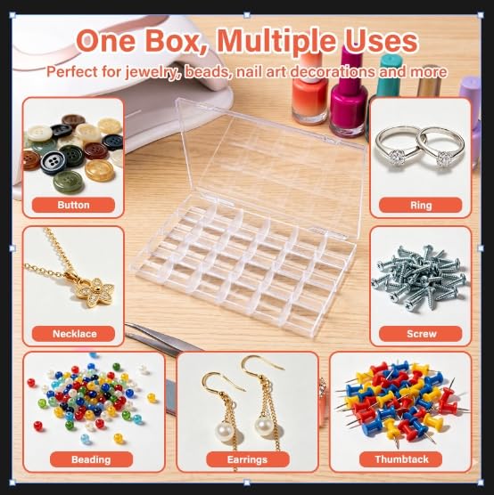Image of 2 Pack 24 Grids Clear Plastic Boxes for Organizing, Beads Organizer Box with Dividers Bead Containers Nail Charm Organizer for Craft Collection, Container with Dividers Box for Organizing Nail Charms